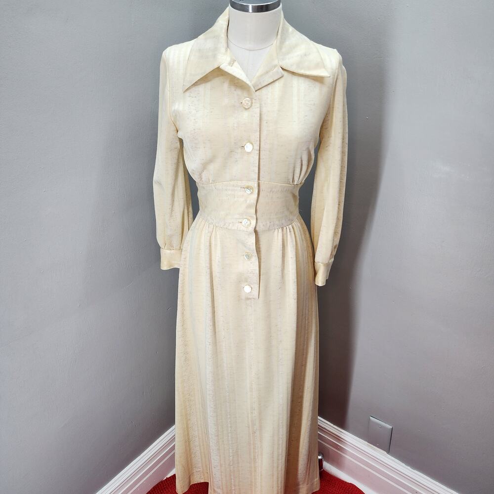 70s VTG Momentum Maxi Dress, Faux Corset Waist Jacquard Stripe Cream Maxi - S - Picture 3 of 10